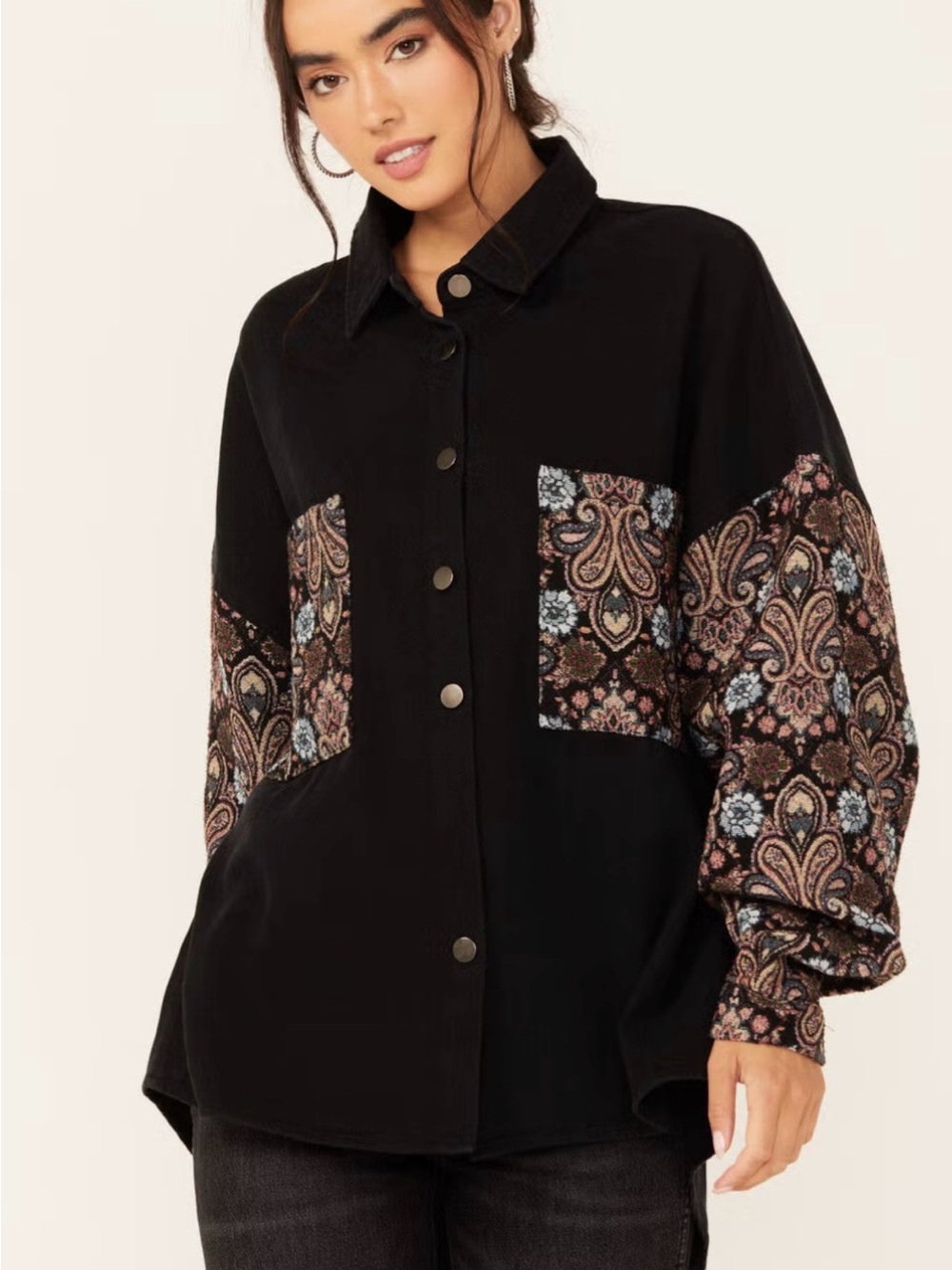 POL Black Floral Paisley Tapestry Jacket Shacket